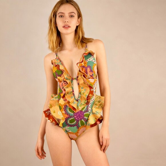 $485 NWOT Zimmermann Lola Ruffled Floral Swimsuit One Piece Size 2 Multicolor - Picture 1 of 11